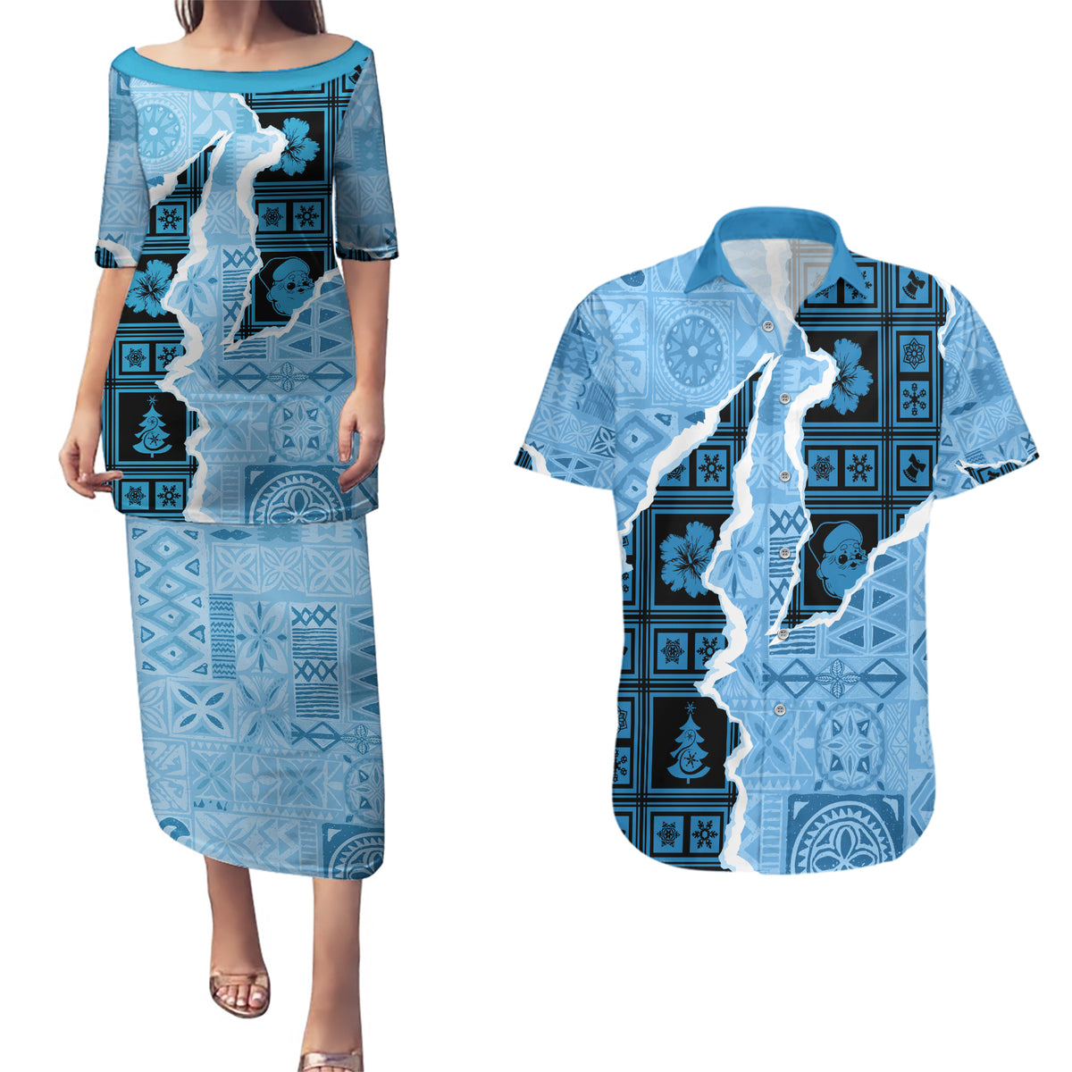 Bula Fiji Tapa Mix Christmas Couples Matching Puletasi Dress and Hawaiian Shirt Vintage Style LT7 - Wonder Print Shop