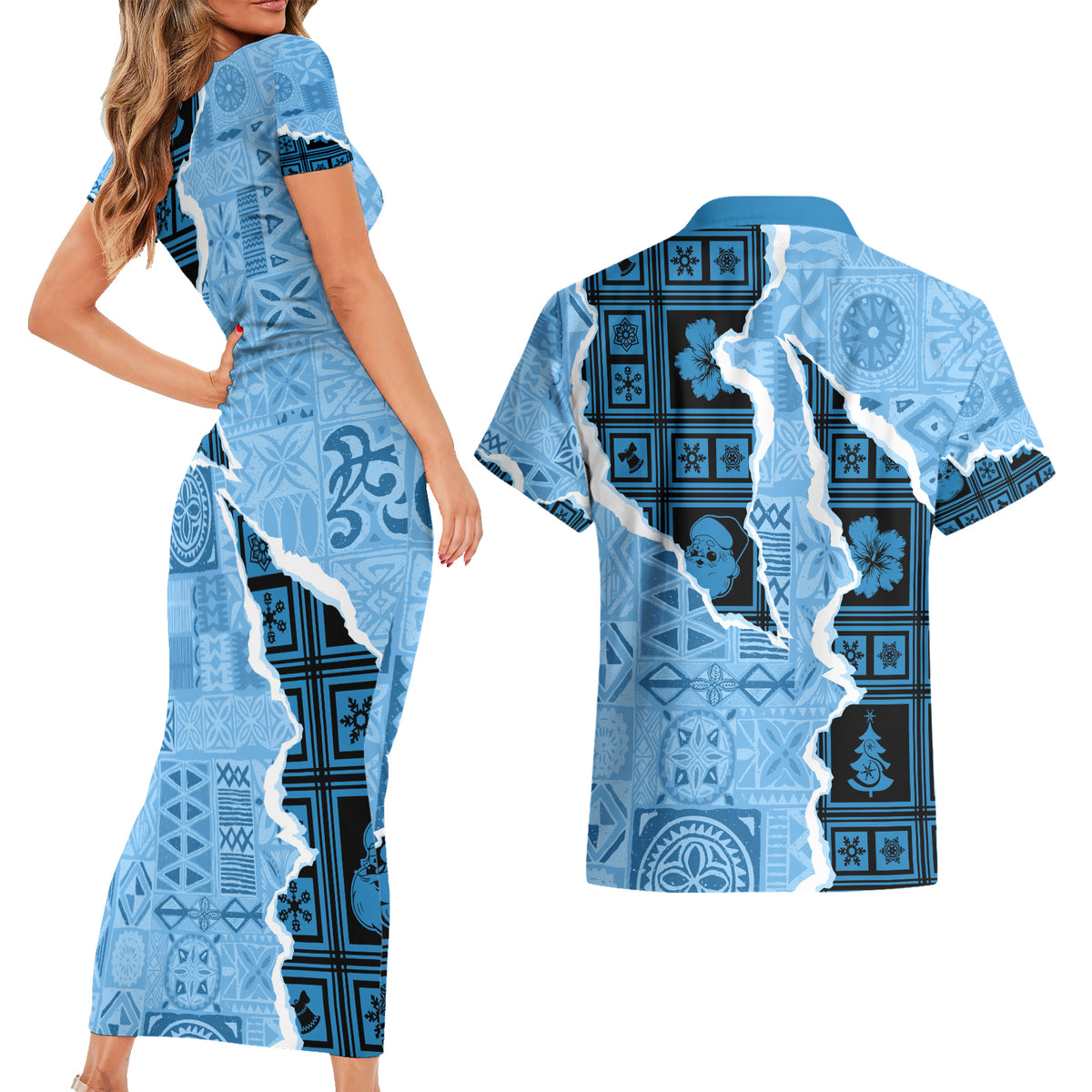 Bula Fiji Tapa Mix Christmas Couples Matching Short Sleeve Bodycon Dress and Hawaiian Shirt Vintage Style LT7 - Wonder Print Shop