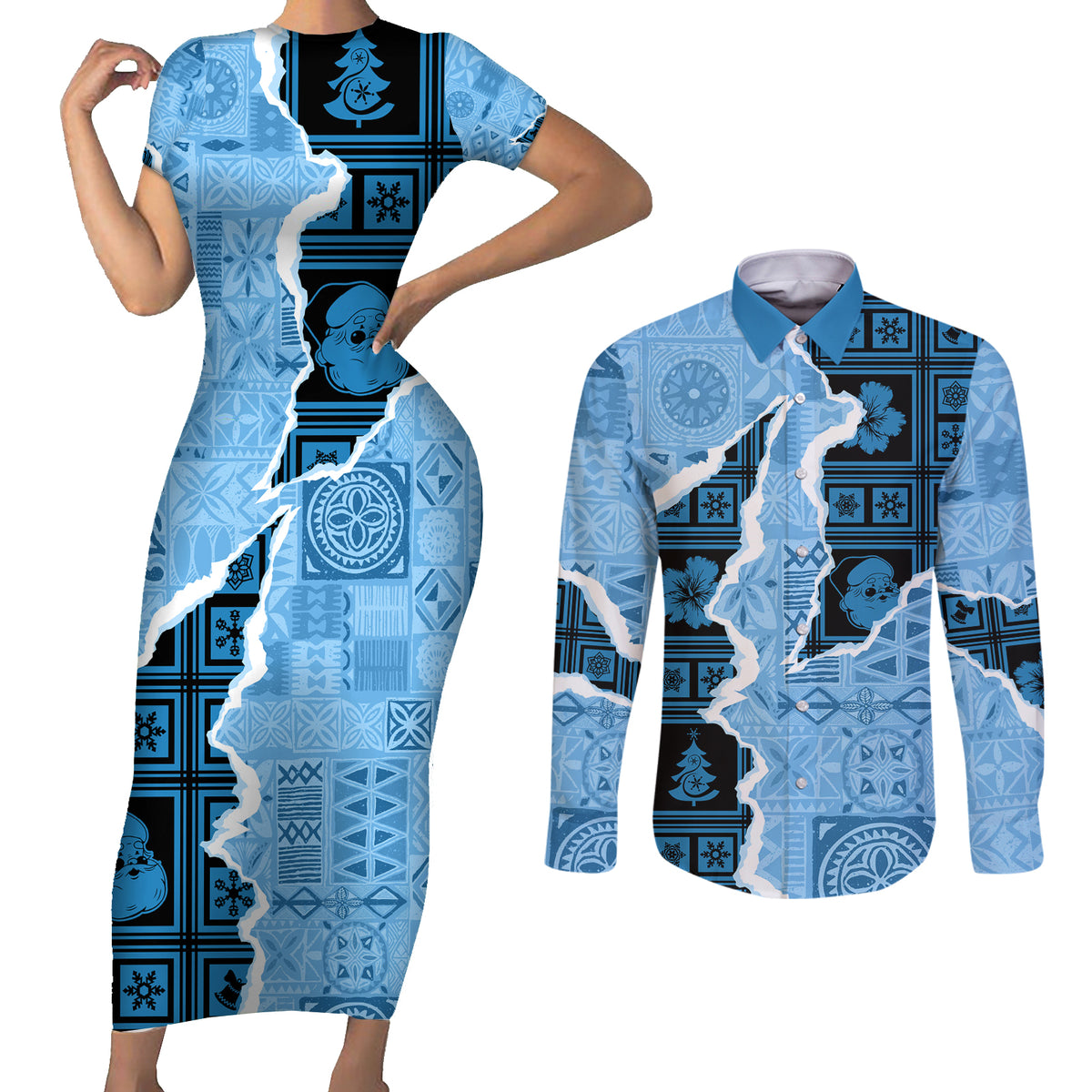 Bula Fiji Tapa Mix Christmas Couples Matching Short Sleeve Bodycon Dress and Long Sleeve Button Shirt Vintage Style LT7 - Wonder Print Shop