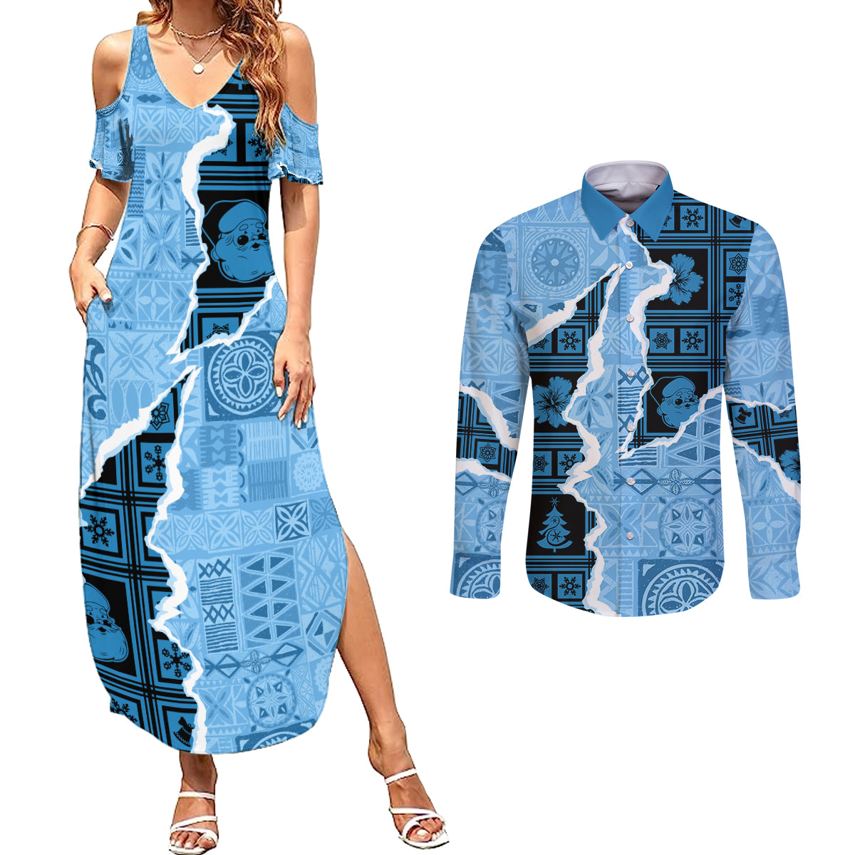 Bula Fiji Tapa Mix Christmas Couples Matching Summer Maxi Dress and Long Sleeve Button Shirt Vintage Style LT7 - Wonder Print Shop