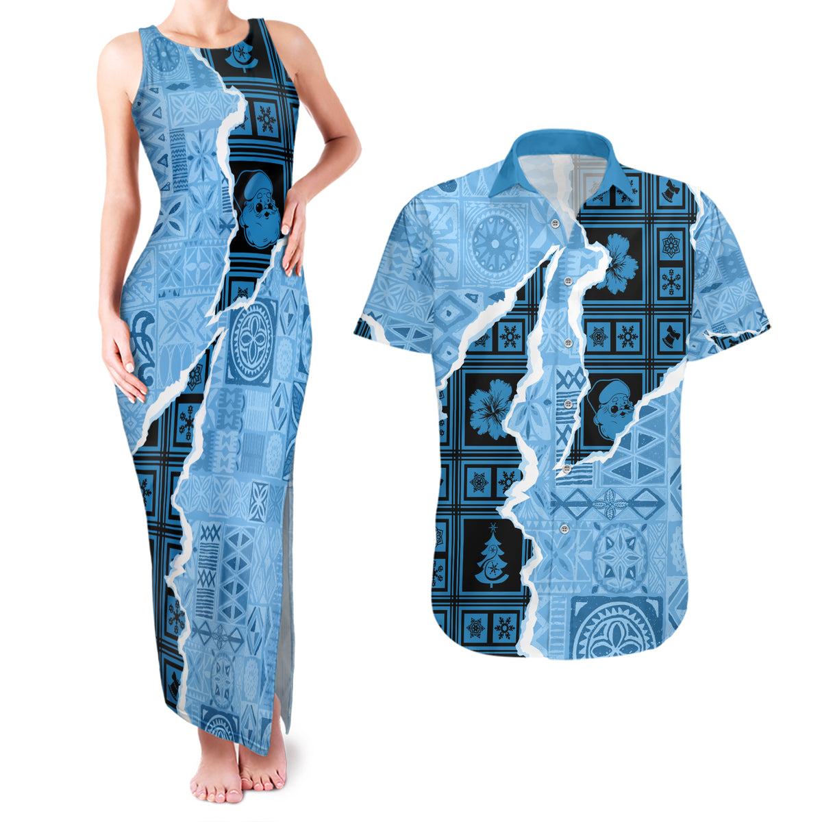 Bula Fiji Tapa Mix Christmas Couples Matching Tank Maxi Dress and Hawaiian Shirt Vintage Style LT7 - Wonder Print Shop