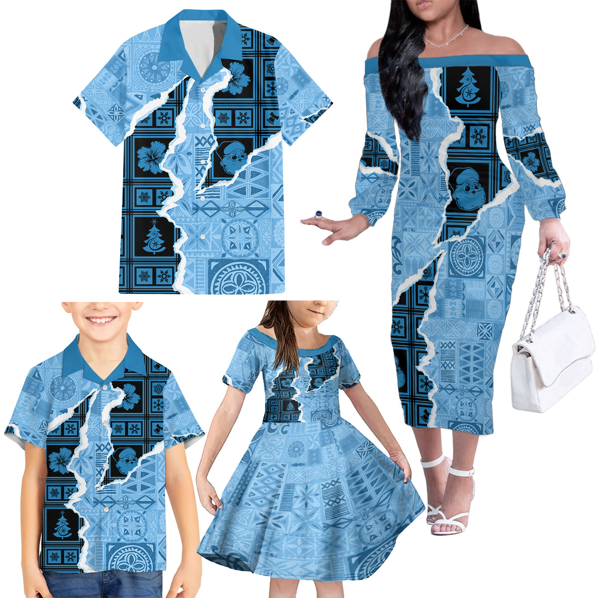 Bula Fiji Tapa Mix Christmas Family Matching Off Shoulder Long Sleeve Dress and Hawaiian Shirt Vintage Style - Wonder Print Shop