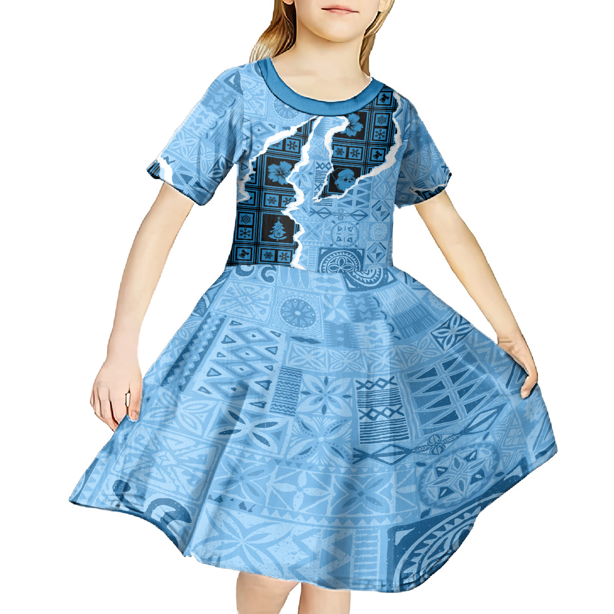 Bula Fiji Tapa Mix Christmas Kid Short Sleeve Dress Vintage Style - Wonder Print Shop