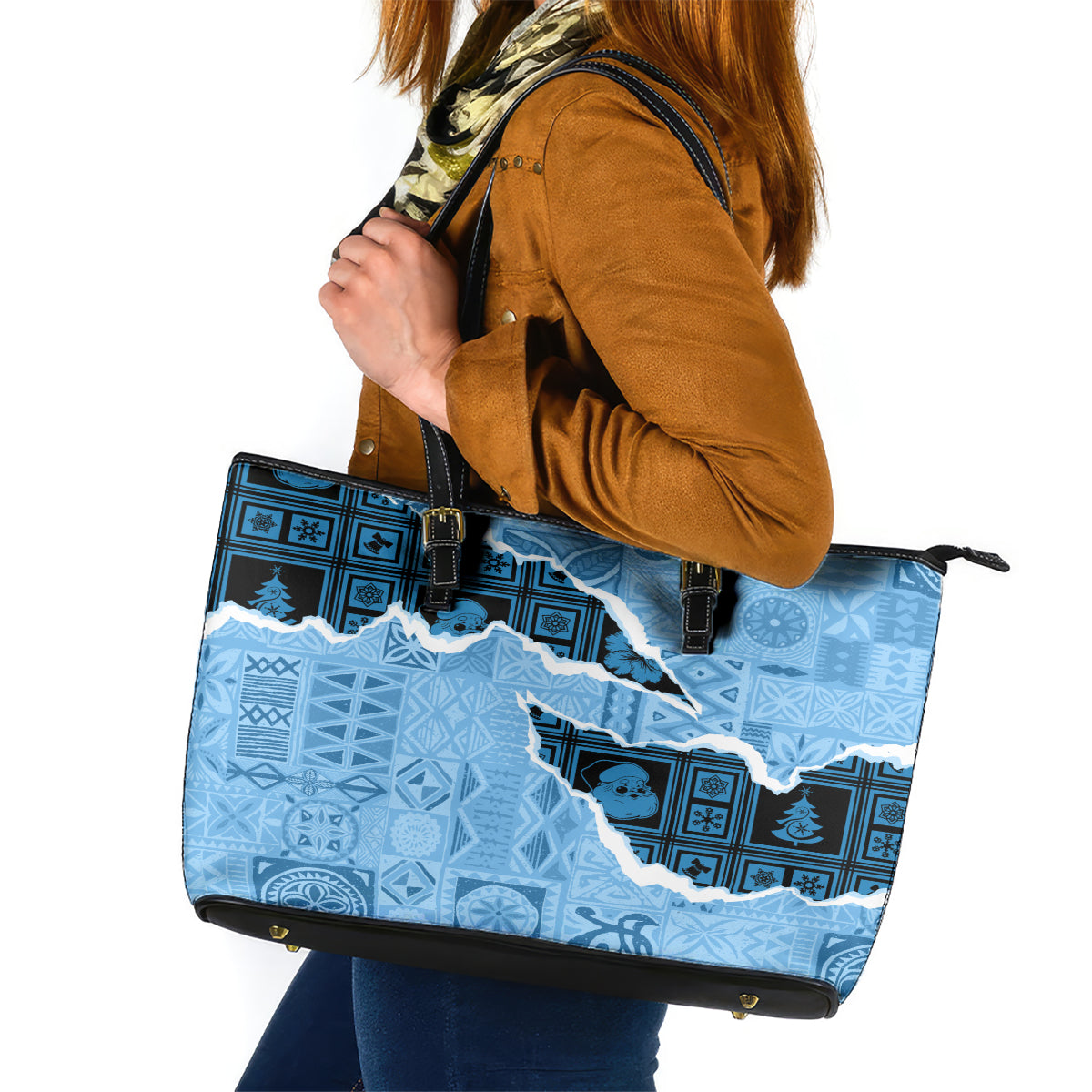 Bula Fiji Tapa Mix Christmas Leather Tote Bag Vintage Style - Wonder Print Shop