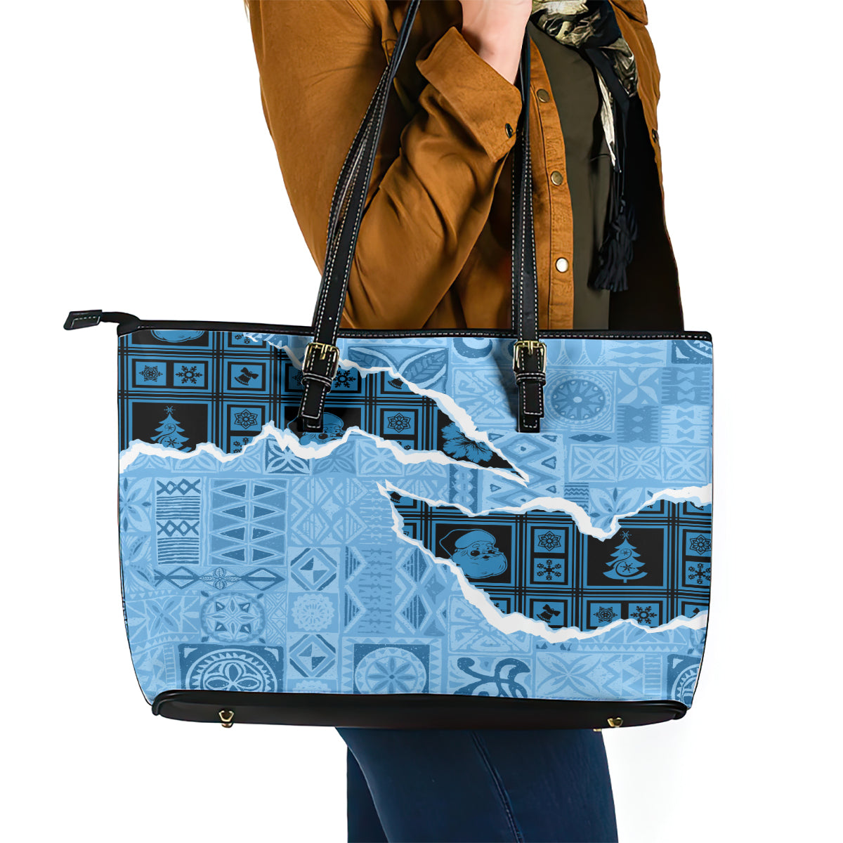 Bula Fiji Tapa Mix Christmas Leather Tote Bag Vintage Style - Wonder Print Shop