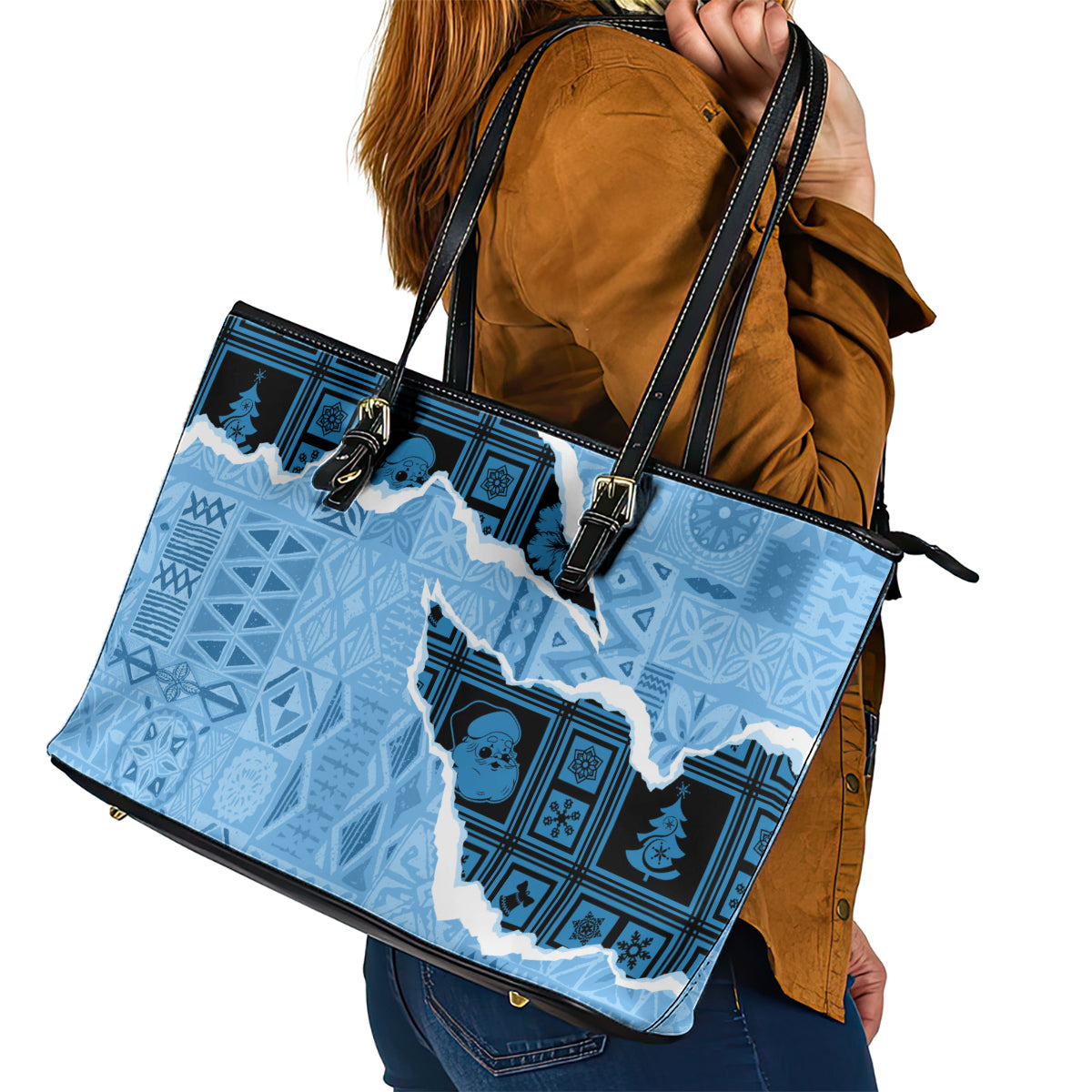 Bula Fiji Tapa Mix Christmas Leather Tote Bag Vintage Style - Wonder Print Shop