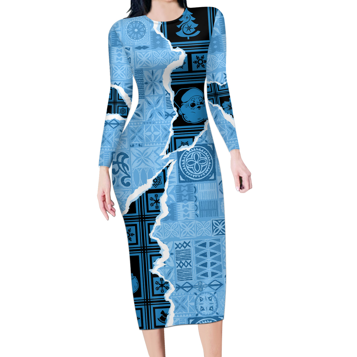 Bula Fiji Tapa Mix Christmas Long Sleeve Bodycon Dress Vintage Style - Wonder Print Shop