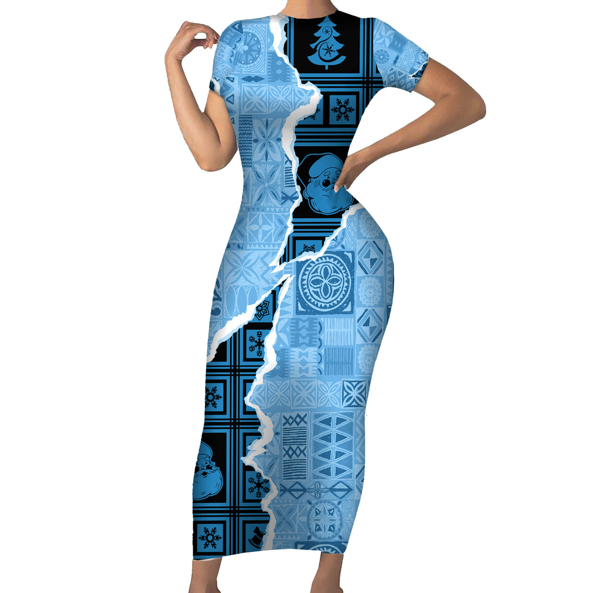 Bula Fiji Tapa Mix Christmas Short Sleeve Bodycon Dress Vintage Style - Wonder Print Shop