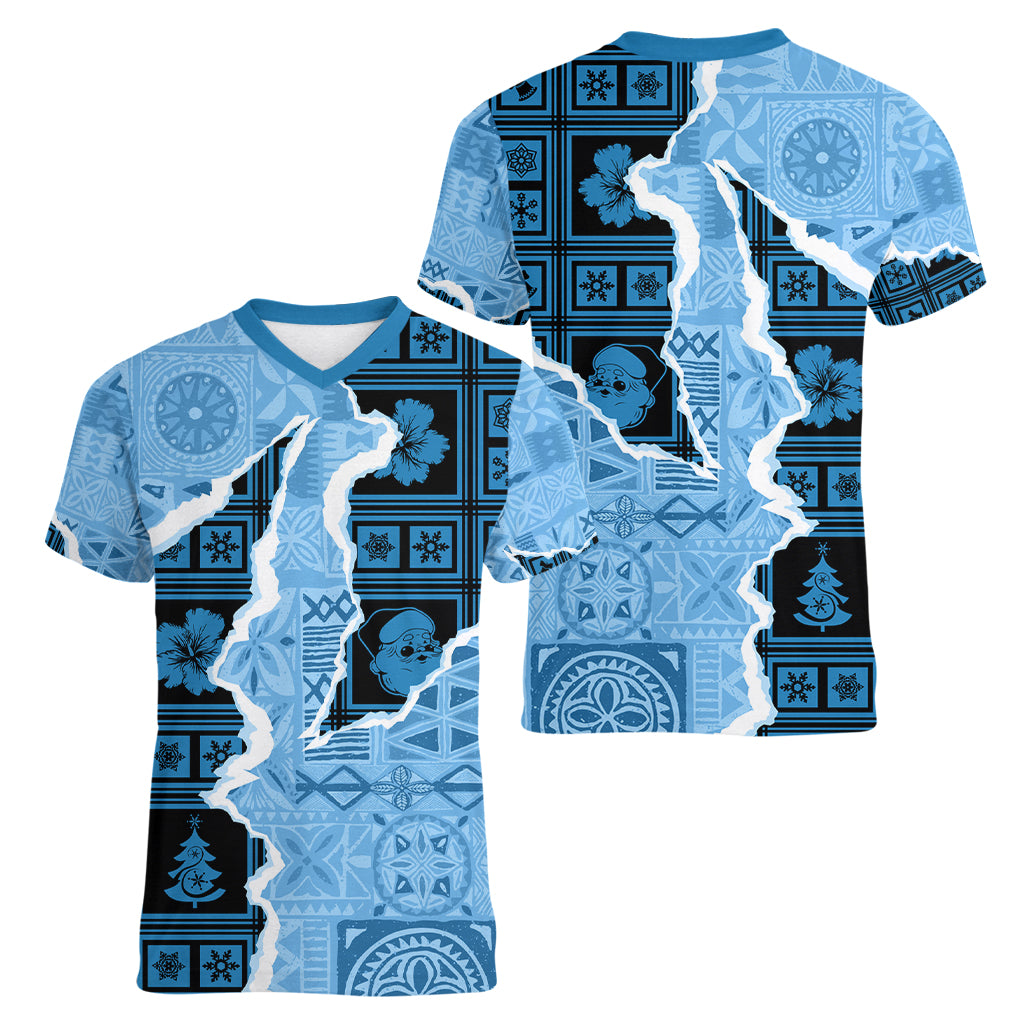 Bula Fiji Tapa Mix Christmas Women V Neck T Shirt Vintage Style - Wonder Print Shop