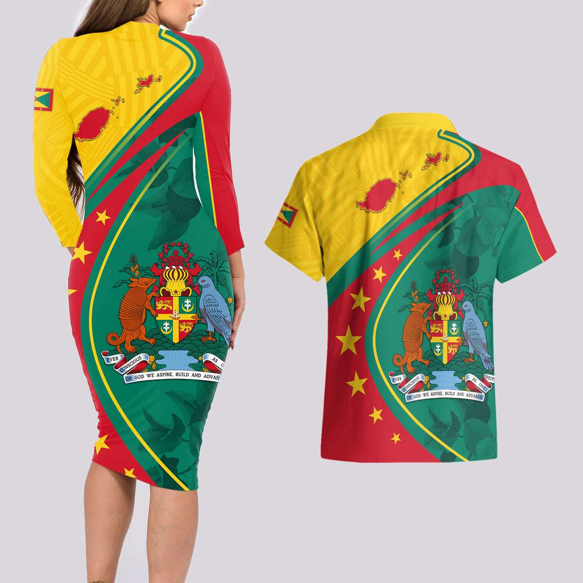 Grenada Couples Matching Long Sleeve Bodycon Dress and Hawaiian Shirt Stars and Bougainvillea LT7 - Wonder Print Shop