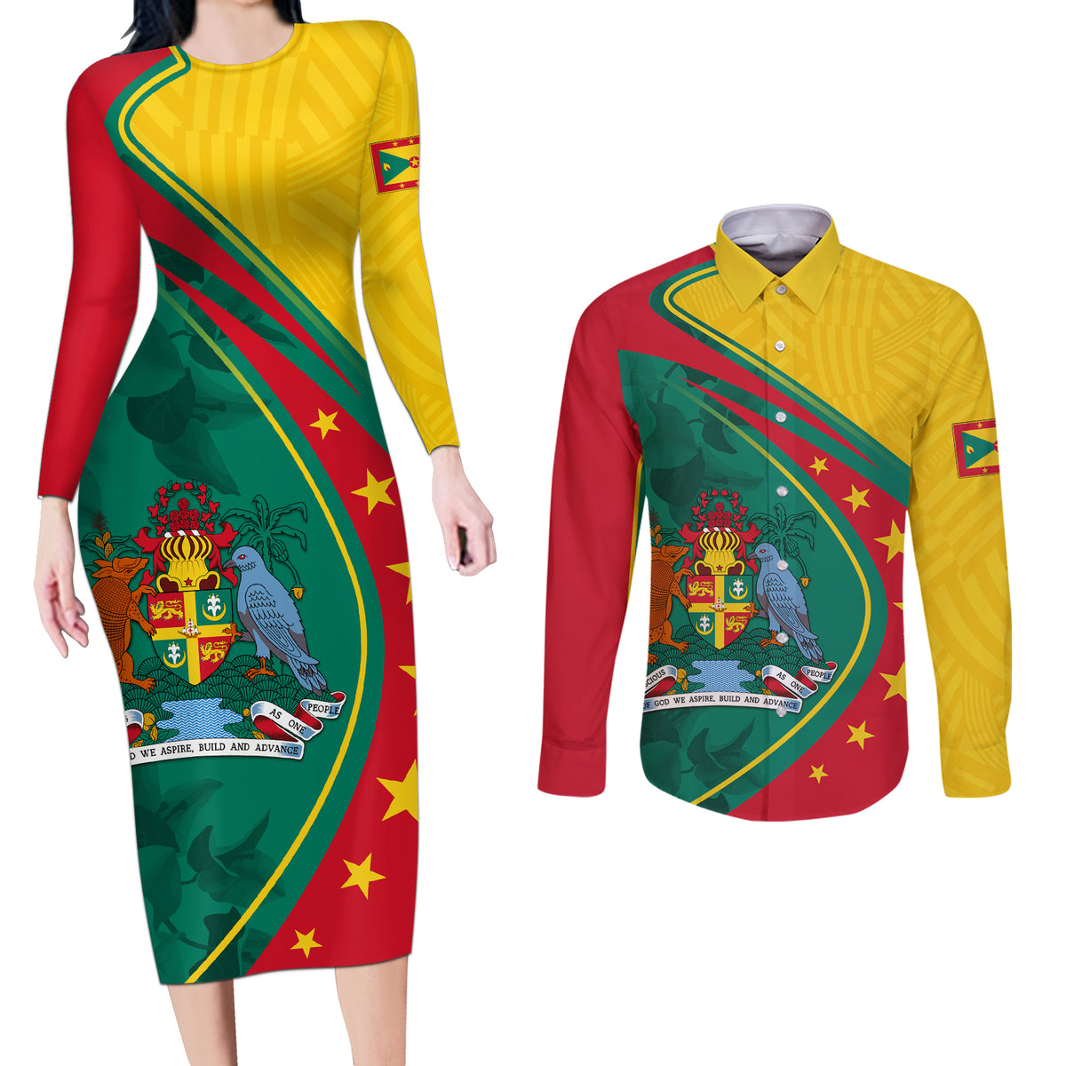 Grenada Couples Matching Long Sleeve Bodycon Dress and Long Sleeve Button Shirt Stars and Bougainvillea LT7 - Wonder Print Shop