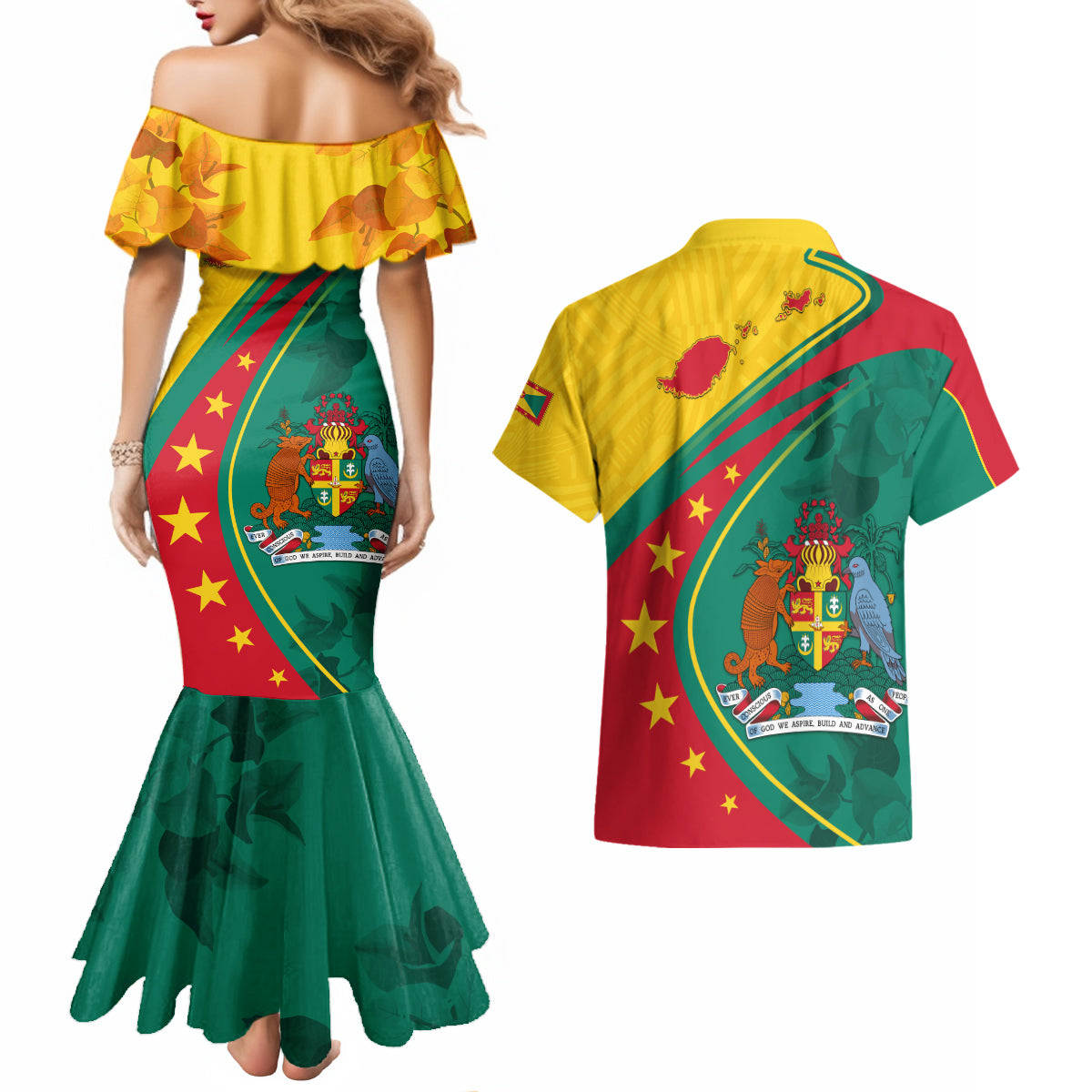 Grenada Couples Matching Mermaid Dress and Hawaiian Shirt Stars and Bougainvillea LT7 - Wonder Print Shop