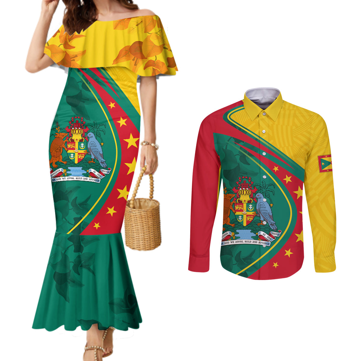 grenada-couples-matching-mermaid-dress-and-long-sleeve-button-shirt-stars-and-bougainvillea
