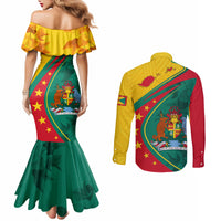 grenada-couples-matching-mermaid-dress-and-long-sleeve-button-shirt-stars-and-bougainvillea