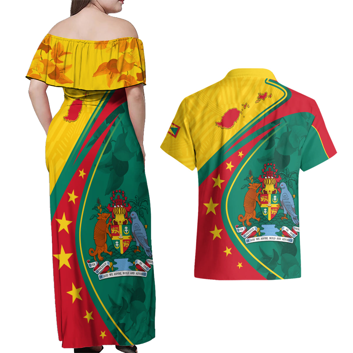 Grenada Couples Matching Off Shoulder Maxi Dress and Hawaiian Shirt Stars and Bougainvillea LT7 - Wonder Print Shop