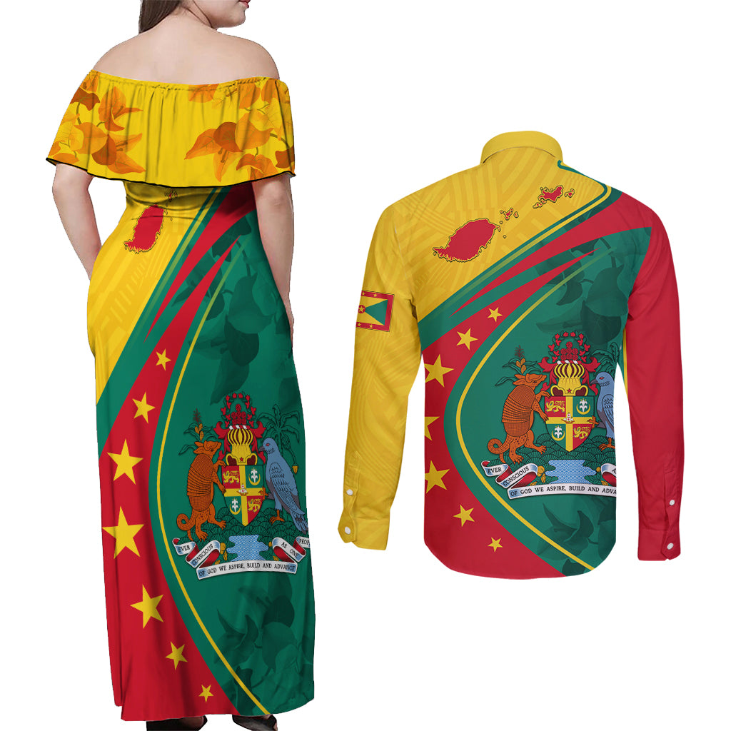 Grenada Couples Matching Off Shoulder Maxi Dress and Long Sleeve Button Shirt Stars and Bougainvillea LT7 - Wonder Print Shop