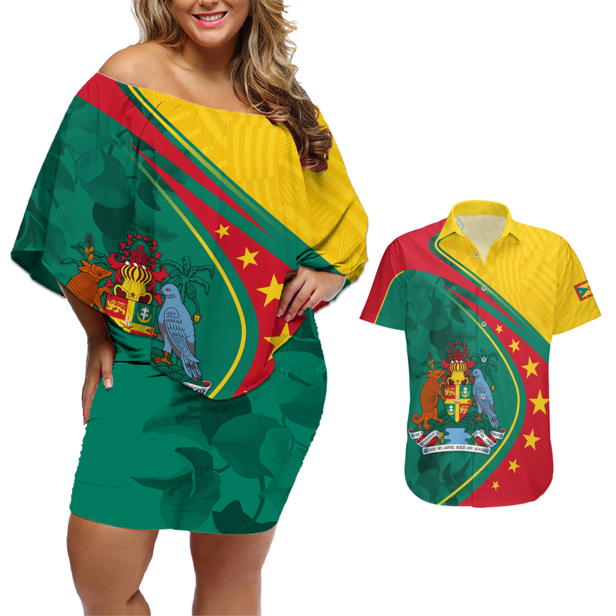 Grenada Couples Matching Off Shoulder Short Dress and Hawaiian Shirt Stars and Bougainvillea LT7 - Wonder Print Shop