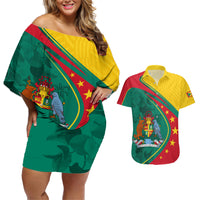 Grenada Couples Matching Off Shoulder Short Dress and Hawaiian Shirt Stars and Bougainvillea LT7 - Wonder Print Shop