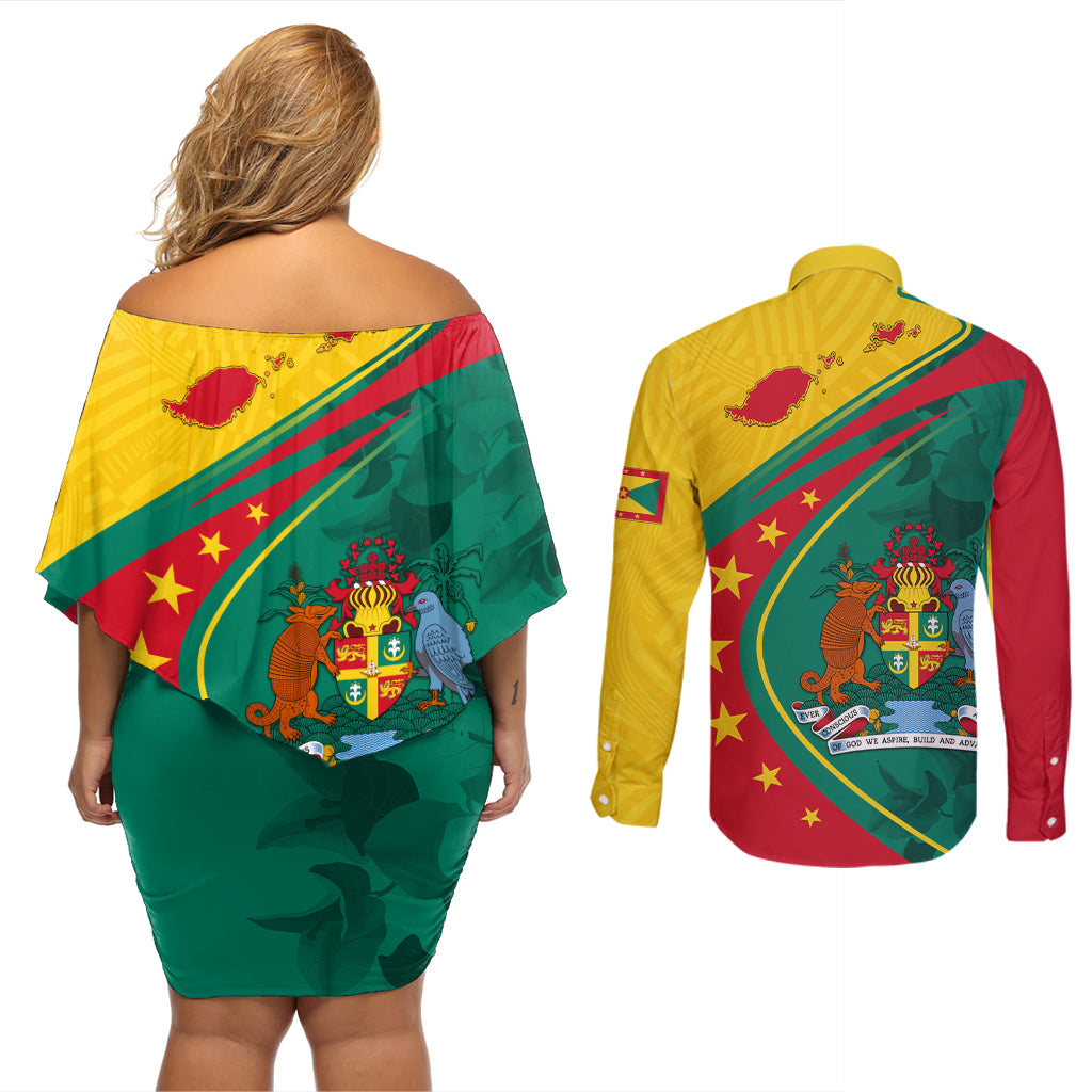 Grenada Couples Matching Off Shoulder Short Dress and Long Sleeve Button Shirt Stars and Bougainvillea LT7 - Wonder Print Shop