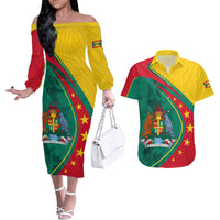 Grenada Couples Matching Off The Shoulder Long Sleeve Dress and Hawaiian Shirt Stars and Bougainvillea LT7 - Wonder Print Shop