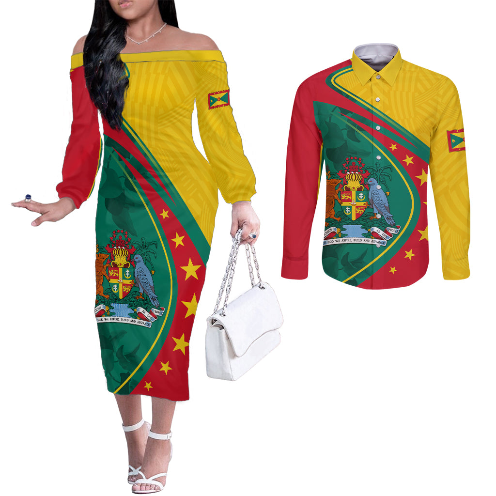grenada-couples-matching-off-the-shoulder-long-sleeve-dress-and-long-sleeve-button-shirt-stars-and-bougainvillea