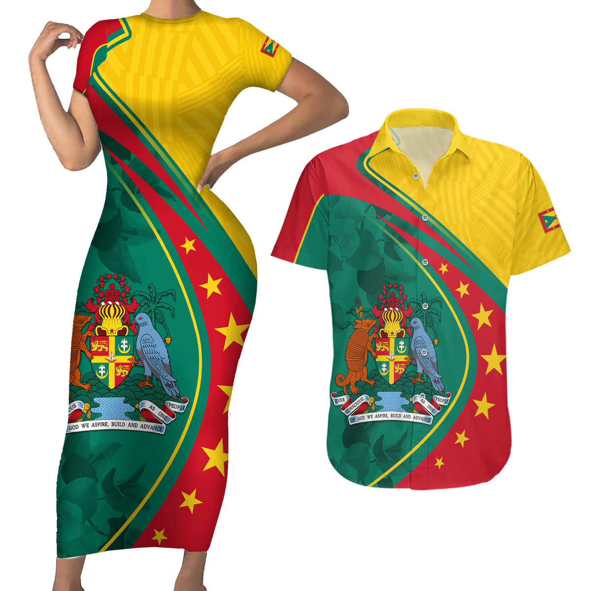 Grenada Couples Matching Short Sleeve Bodycon Dress and Hawaiian Shirt Stars and Bougainvillea LT7 - Wonder Print Shop