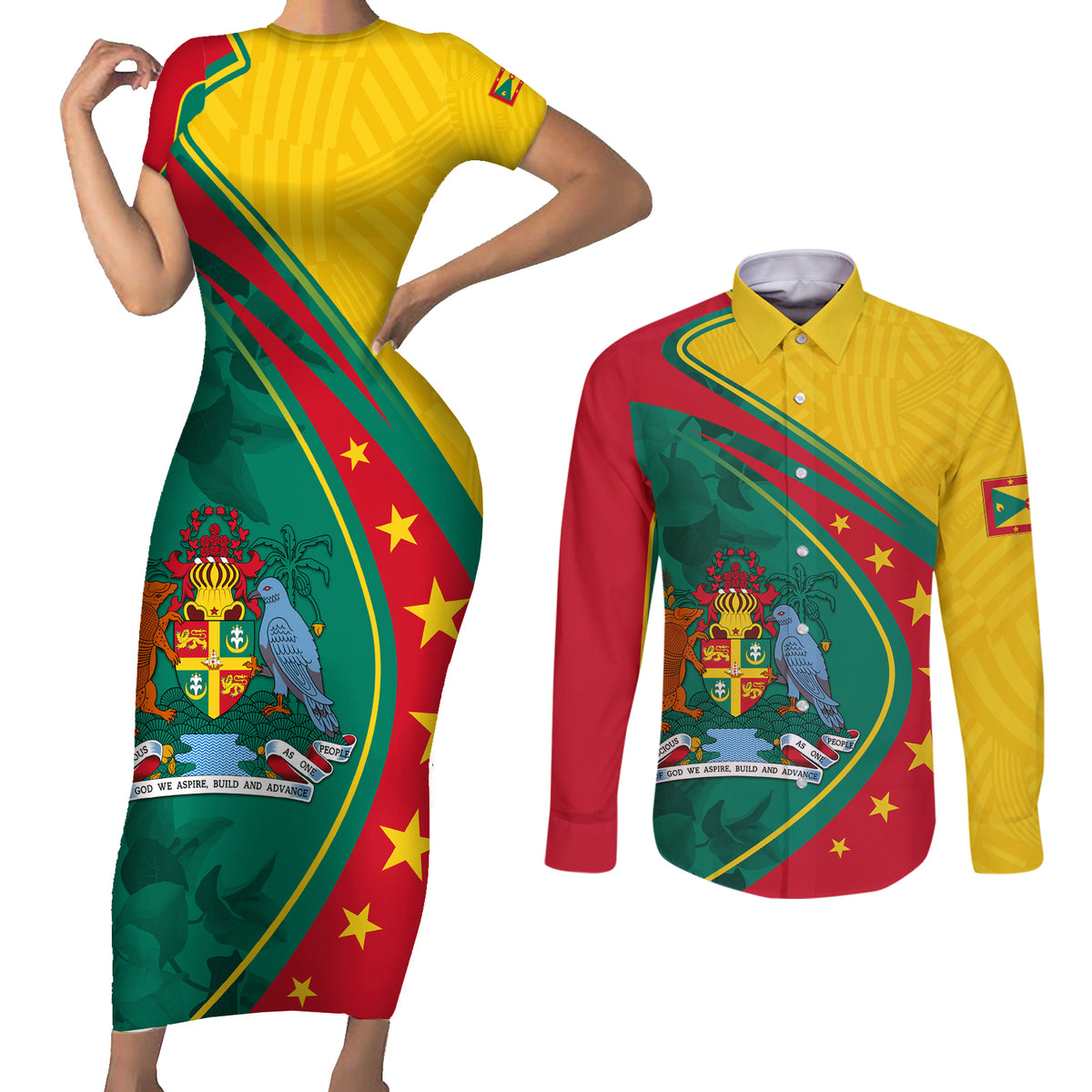 Grenada Couples Matching Short Sleeve Bodycon Dress and Long Sleeve Button Shirt Stars and Bougainvillea LT7 - Wonder Print Shop