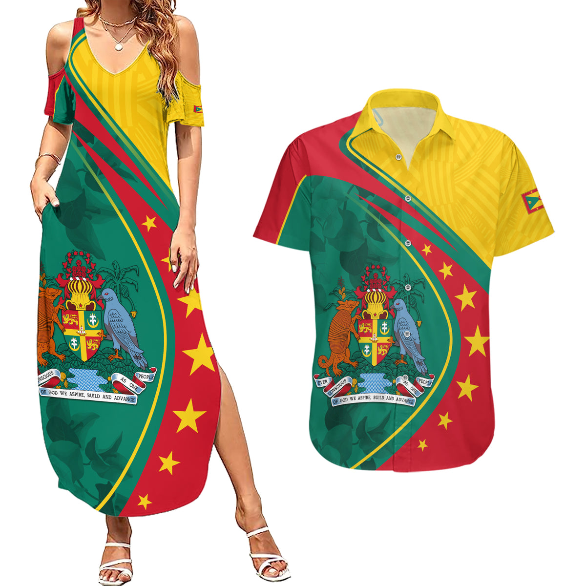 Grenada Couples Matching Summer Maxi Dress and Hawaiian Shirt Stars and Bougainvillea LT7 - Wonder Print Shop