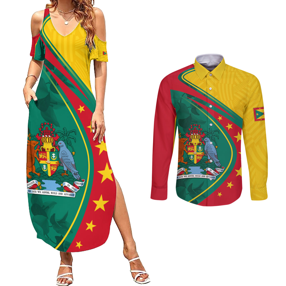 Grenada Couples Matching Summer Maxi Dress and Long Sleeve Button Shirt Stars and Bougainvillea LT7 - Wonder Print Shop
