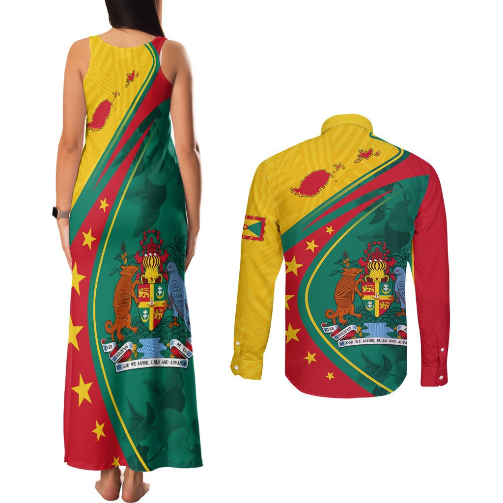 Grenada Couples Matching Tank Maxi Dress and Long Sleeve Button Shirt Stars and Bougainvillea LT7 - Wonder Print Shop