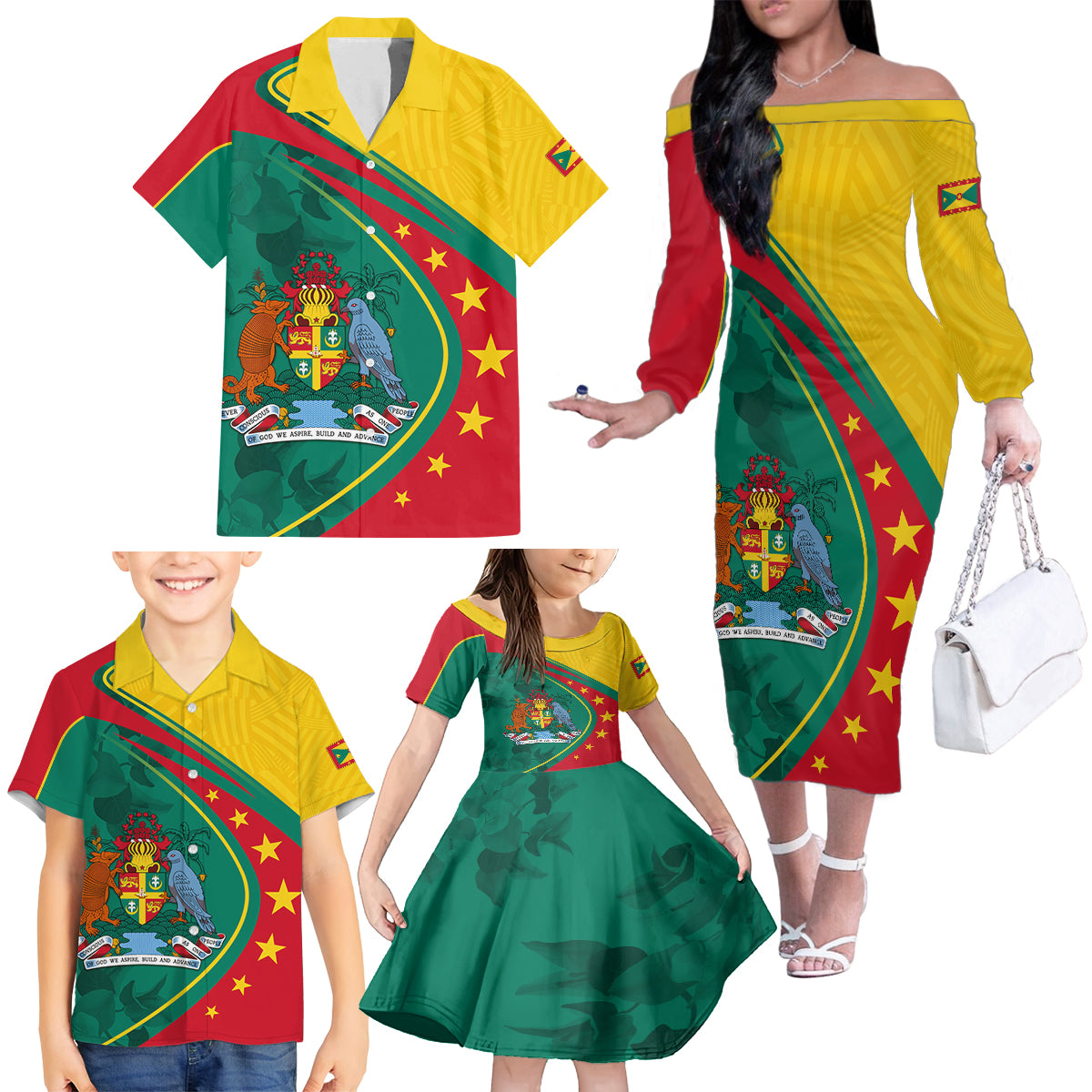 Grenada Family Matching Off Shoulder Long Sleeve Dress and Hawaiian Shirt Stars and Bougainvillea - Wonder Print Shop