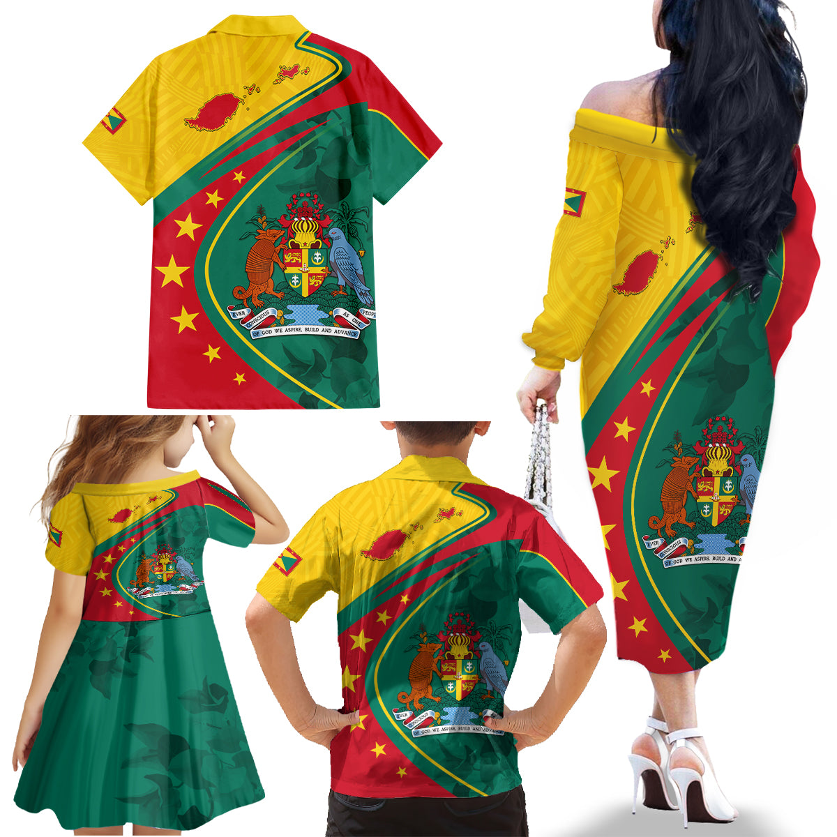 Grenada Family Matching Off Shoulder Long Sleeve Dress and Hawaiian Shirt Stars and Bougainvillea - Wonder Print Shop