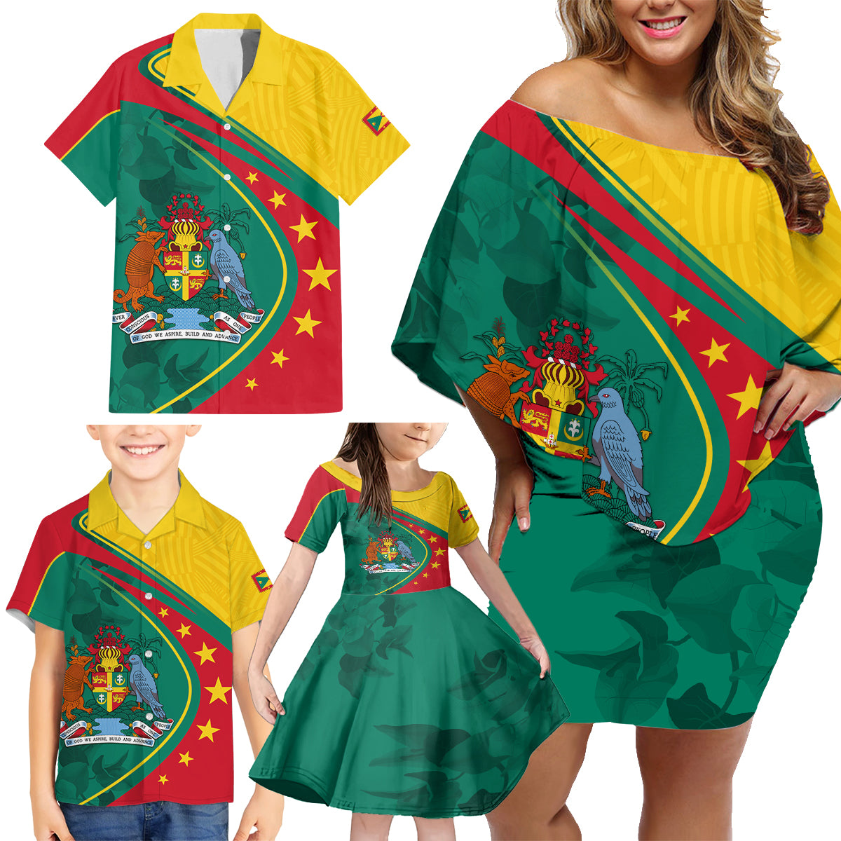 Grenada Family Matching Off Shoulder Short Dress and Hawaiian Shirt Stars and Bougainvillea LT7 - Wonder Print Shop