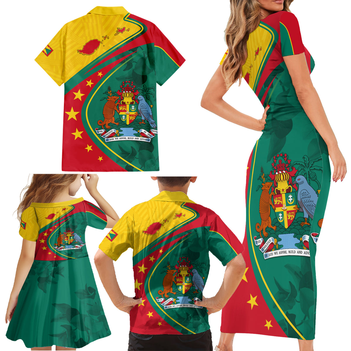 Grenada Family Matching Short Sleeve Bodycon Dress and Hawaiian Shirt Stars and Bougainvillea - Wonder Print Shop