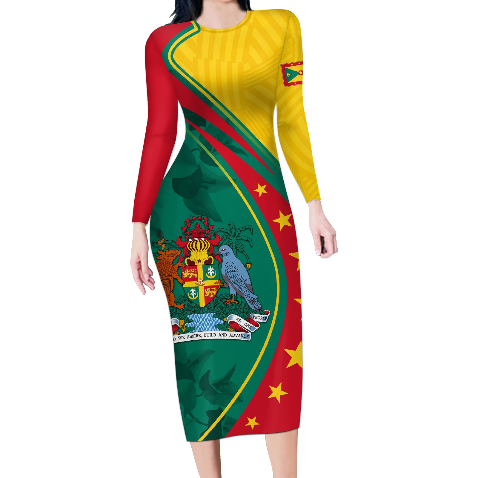 Grenada Long Sleeve Bodycon Dress Stars and Bougainvillea - Wonder Print Shop