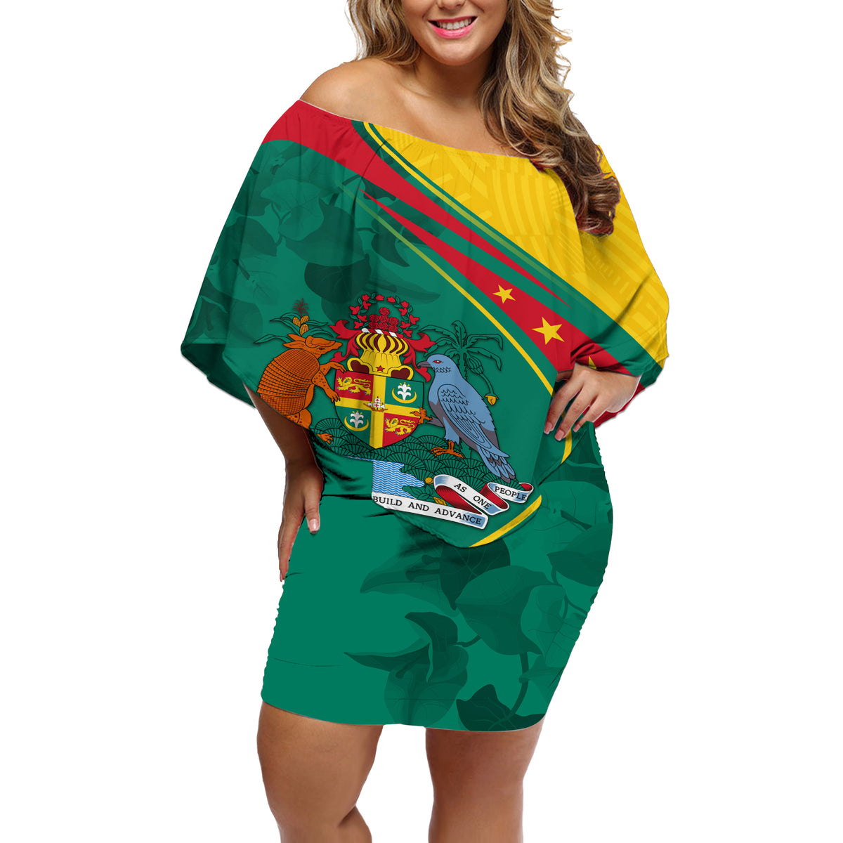 Grenada Off Shoulder Short Dress Stars and Bougainvillea - Wonder Print Shop