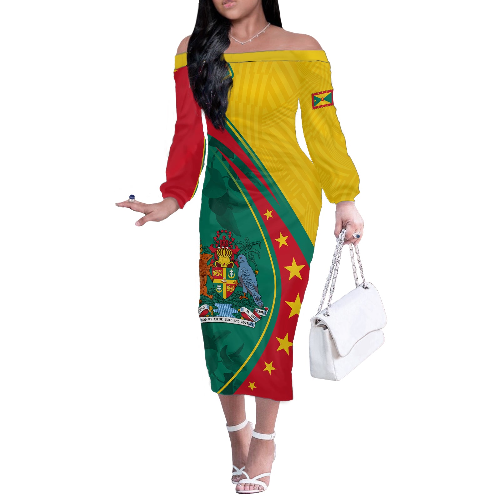 Grenada Off The Shoulder Long Sleeve Dress Stars and Bougainvillea - Wonder Print Shop