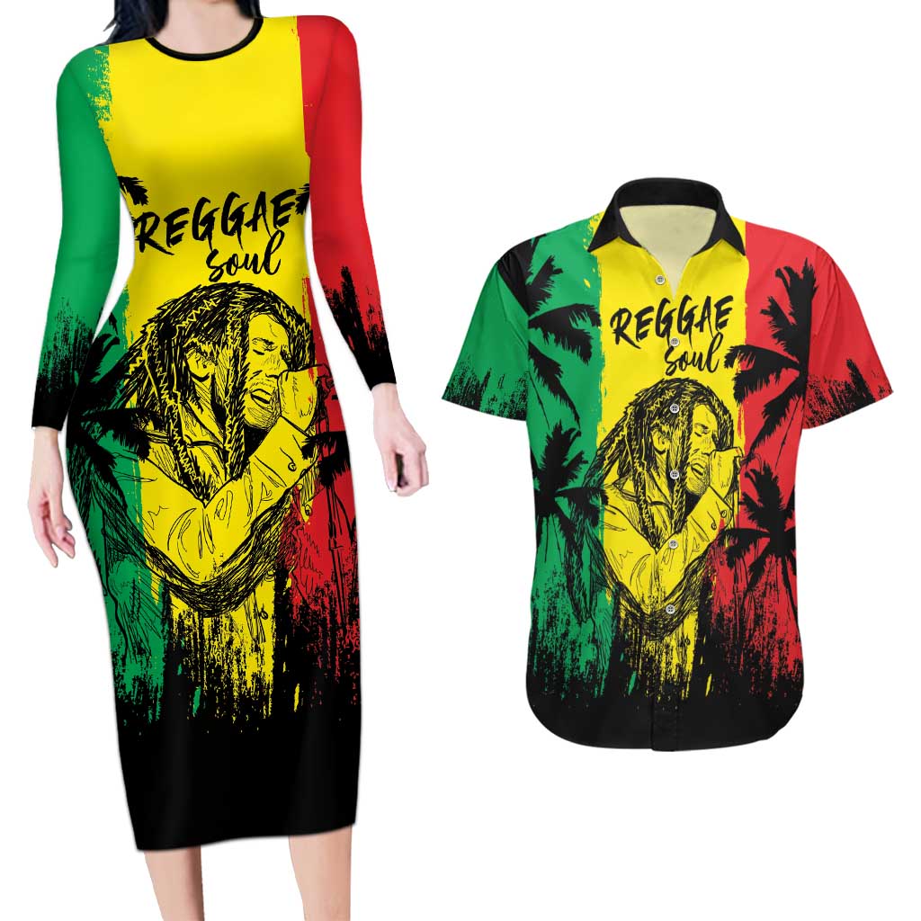 Reggae Soul B.Marley Personalized Couples Matching Long Sleeve Bodycon Dress and Hawaiian Shirt Tropical Grunge