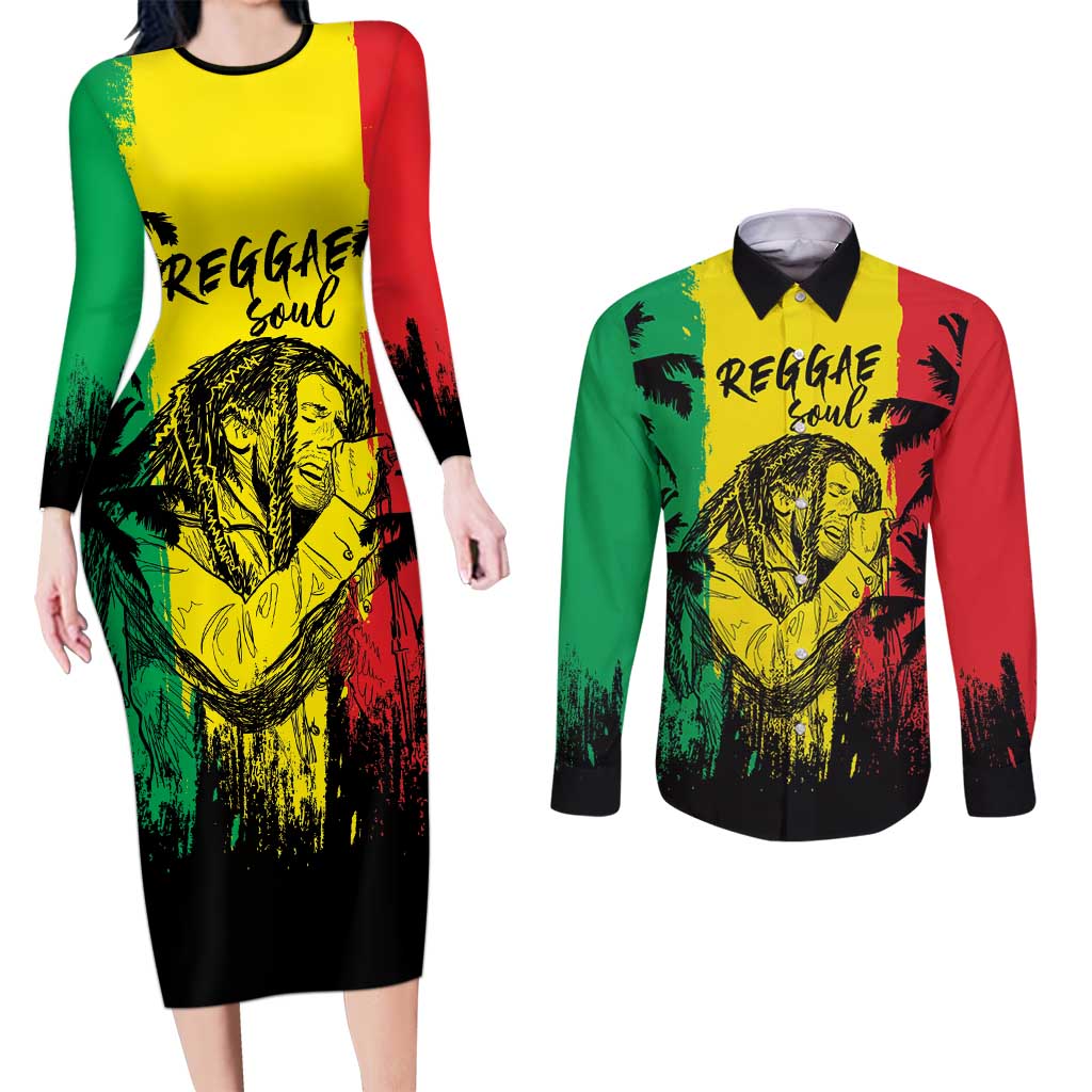 Reggae Soul B.Marley Personalized Couples Matching Long Sleeve Bodycon Dress and Long Sleeve Button Shirt Tropical Grunge