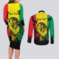 Reggae Soul B.Marley Personalized Couples Matching Long Sleeve Bodycon Dress and Long Sleeve Button Shirt Tropical Grunge