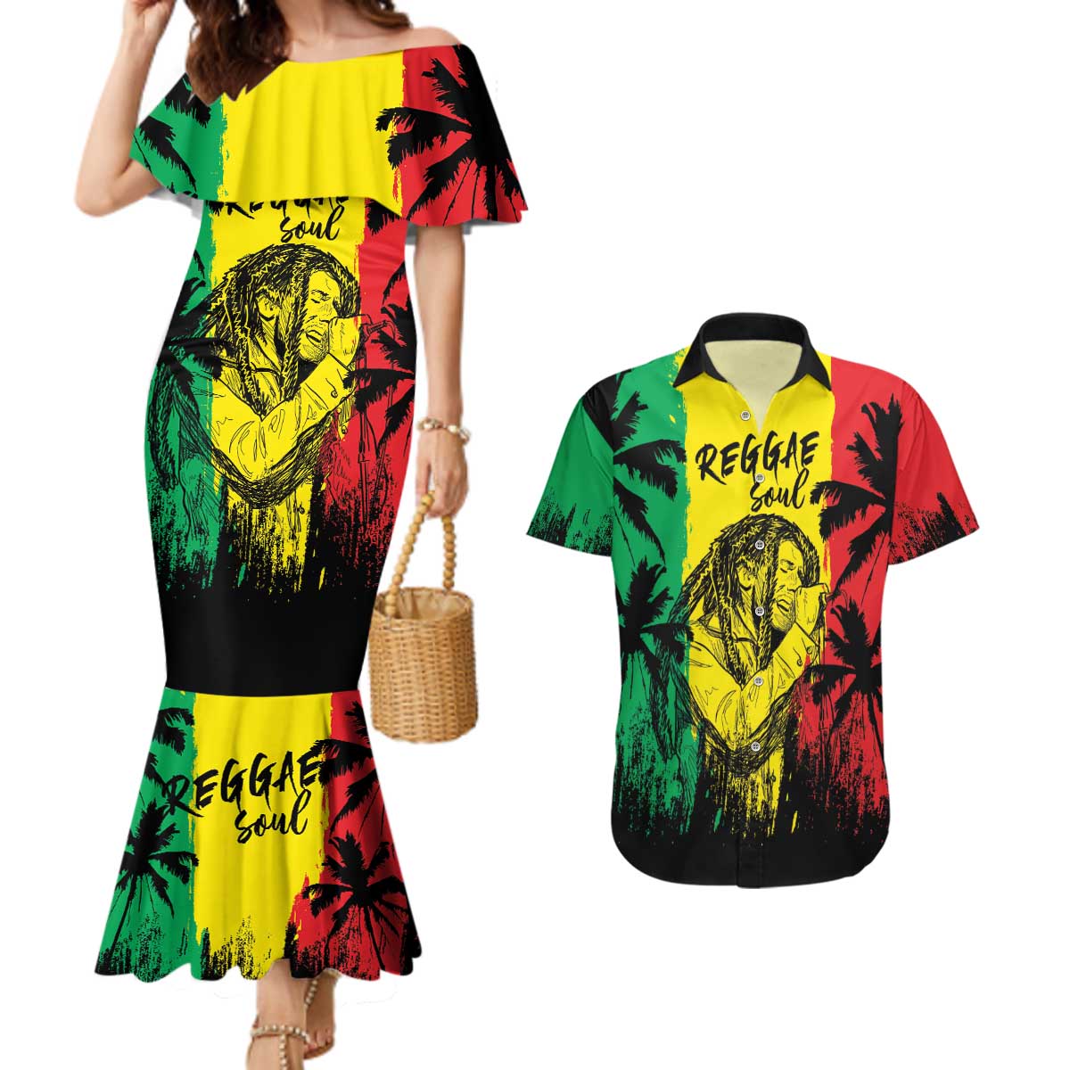 Reggae Soul B.Marley Personalized Couples Matching Mermaid Dress and Hawaiian Shirt Tropical Grunge