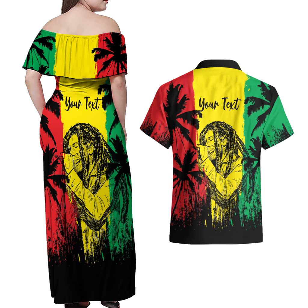 Reggae Soul B.Marley Personalized Couples Matching Off Shoulder Maxi Dress and Hawaiian Shirt Tropical Grunge