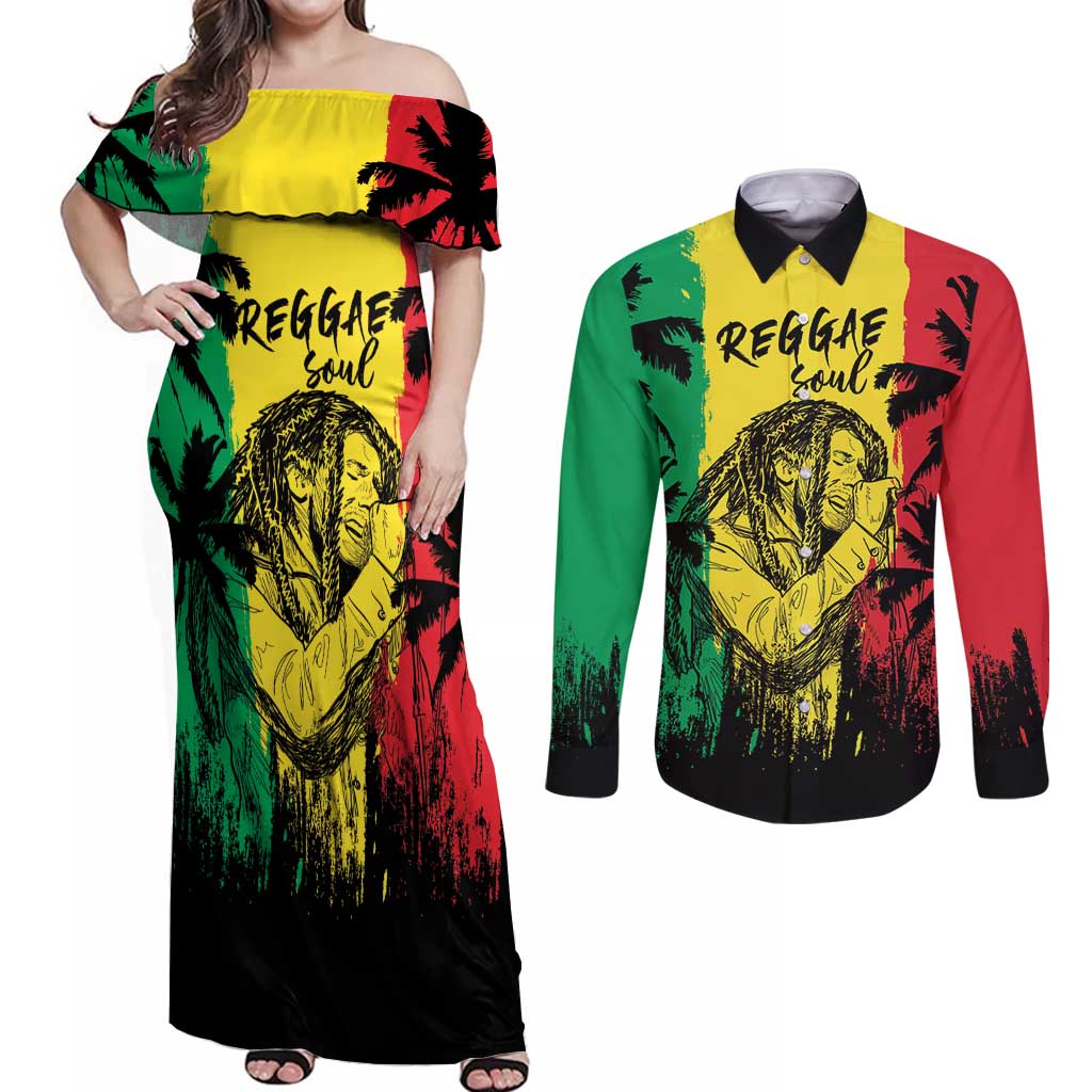 Reggae Soul B.Marley Personalized Couples Matching Off Shoulder Maxi Dress and Long Sleeve Button Shirt Tropical Grunge