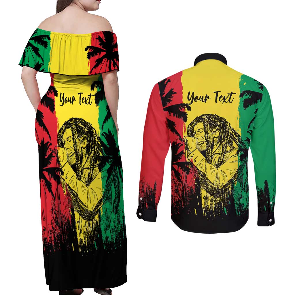 Reggae Soul B.Marley Personalized Couples Matching Off Shoulder Maxi Dress and Long Sleeve Button Shirt Tropical Grunge