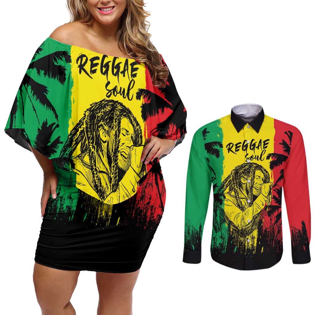 Reggae Soul B.Marley Personalized Couples Matching Off Shoulder Short Dress and Long Sleeve Button Shirt Tropical Grunge
