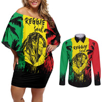 Reggae Soul B.Marley Personalized Couples Matching Off Shoulder Short Dress and Long Sleeve Button Shirt Tropical Grunge