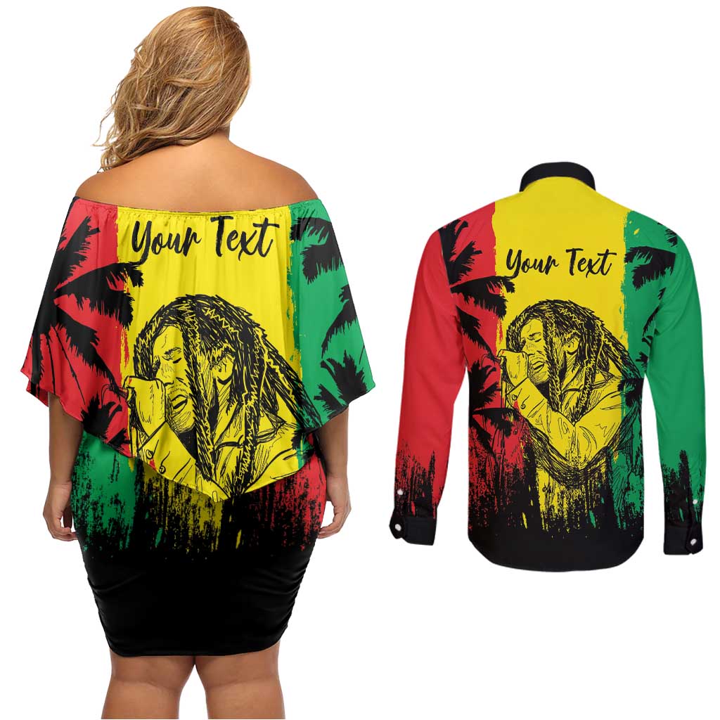 Reggae Soul B.Marley Personalized Couples Matching Off Shoulder Short Dress and Long Sleeve Button Shirt Tropical Grunge