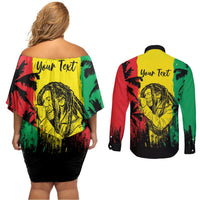 Reggae Soul B.Marley Personalized Couples Matching Off Shoulder Short Dress and Long Sleeve Button Shirt Tropical Grunge