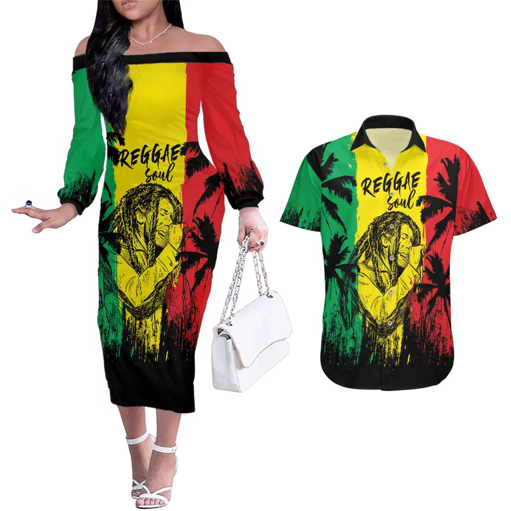Reggae Soul B.Marley Personalized Couples Matching Off The Shoulder Long Sleeve Dress and Hawaiian Shirt Tropical Grunge