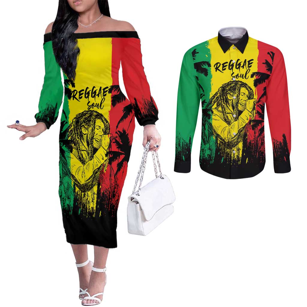 Reggae Soul B.Marley Personalized Couples Matching Off The Shoulder Long Sleeve Dress and Long Sleeve Button Shirt Tropical Grunge